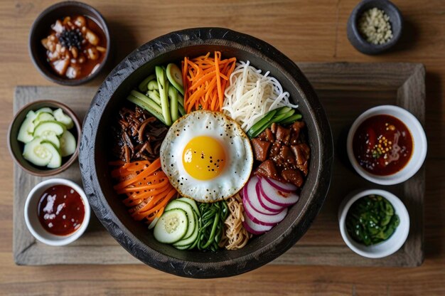 Photo bibimbap in stone pot with assorted side dishes generated by ai