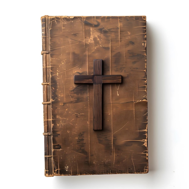 bible and cross on wooden table above view religion of christianity isolated on white background