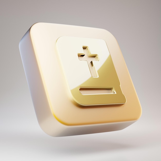 Bible icon. Golden Bible symbol on matte gold plate. 3D rendered Social Media Icon.