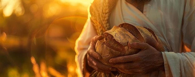 Bible Jesus Christ a closeup image of Jesus Christ gently holding a lamb with a beautiful sunset and a warm glow over the scene with space in the left for copy space