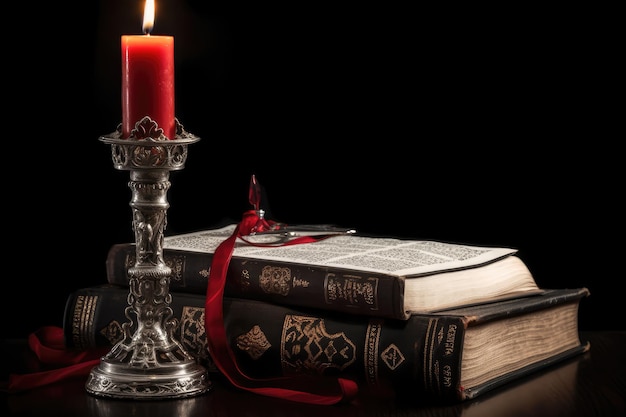 Bible with silver Cross with red candle AI generated