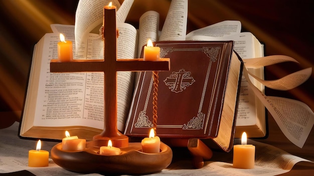 Bible wood cross and candles