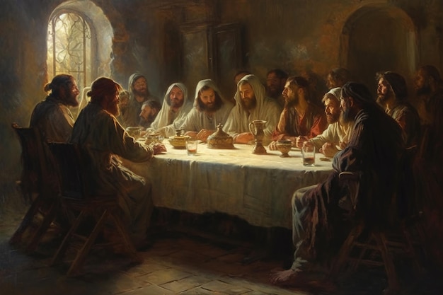 A biblical religious concept from the life of Jesus Christ God Last Supper 12 Apostles faith Bible Secret Supper Jesus christ holding prayer to god father