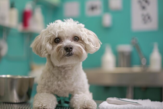 Photo bichon frise at pet grooming salon