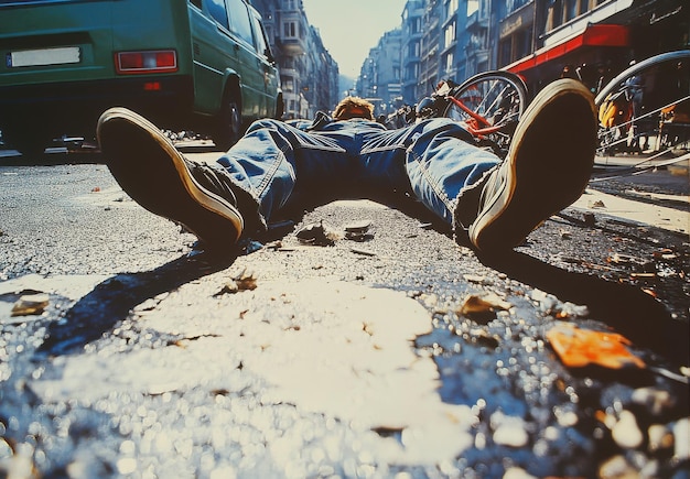 Bicycle accident aftermath on busy street with a cyclist lying on the ground and a green van nearby