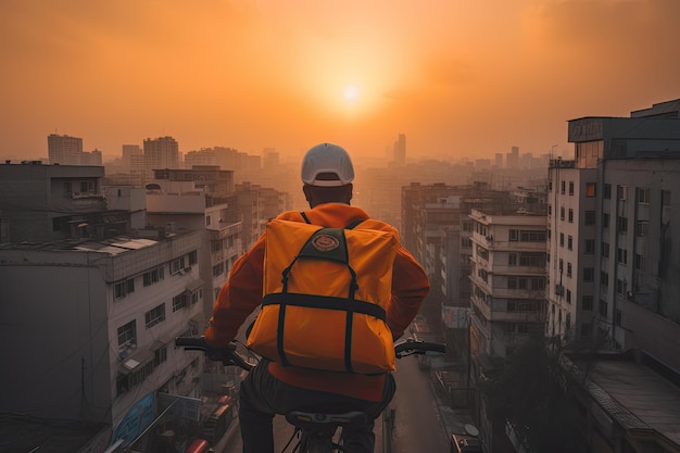 Bicycle courier in a busy city generative IA