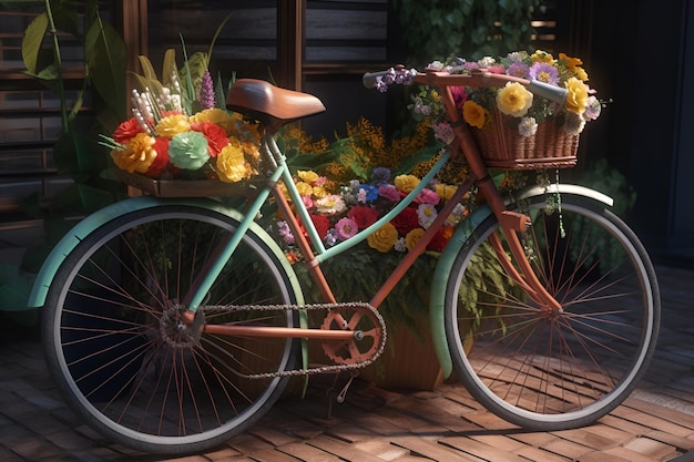 Bicycle day Menthol brown bicycle decorated with baskets of flowers on a flower bed background Generate Ai