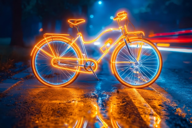 A bicycle is lit up with neon lights on the street