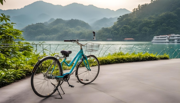 Photo a bicycle is parked on a sidewalk near a lake