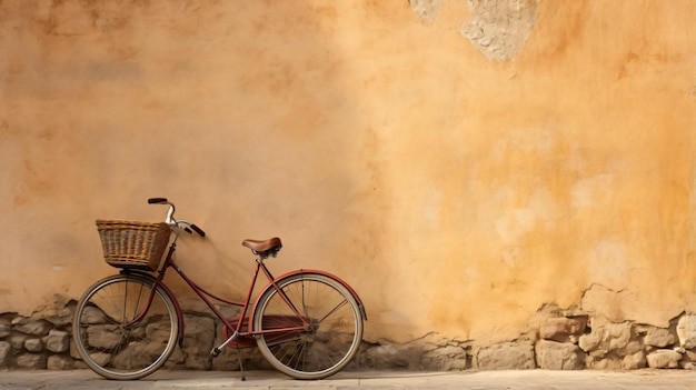 A bicycle leaning against a wall with a basket on it