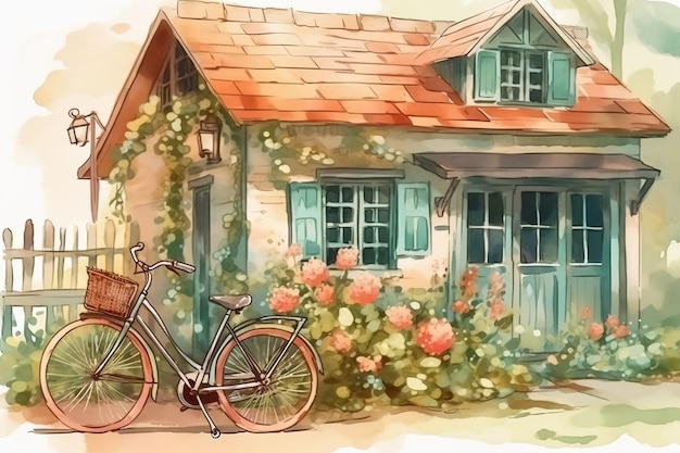 Bicycle near a house with plants and flowers in watercolor Generated ai