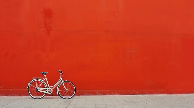 bicycle parked against a bright red wall in a clean minimalist space