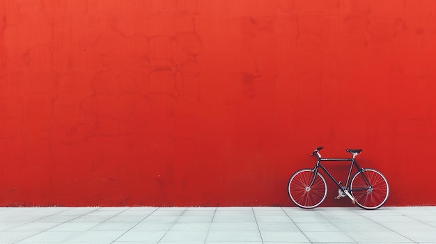 bicycle parked against a bright red wall in a clean minimalist space