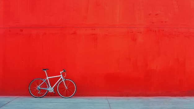 bicycle parked against a bright red wall in a clean minimalist space