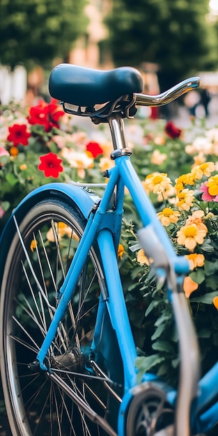 Photo bicycle parked by flowerfilled park walkway