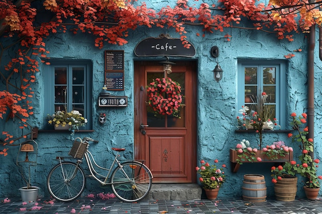 A bicycle parked outside a vintage cafe