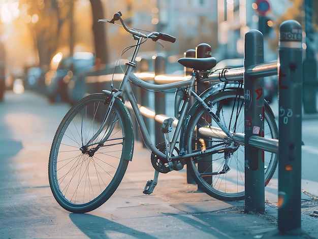 Photo bicycle parked on the street in the city bicycle parking in the city