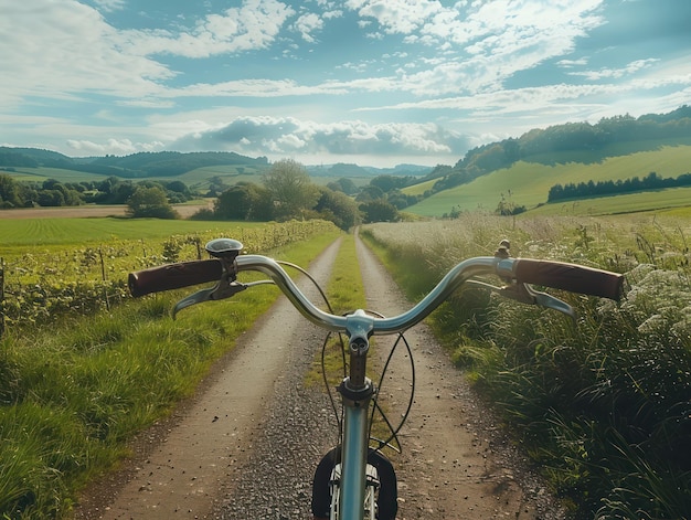 Photo bicycle ride on countryside road with green field landscape peaceful scenery perfect for travel