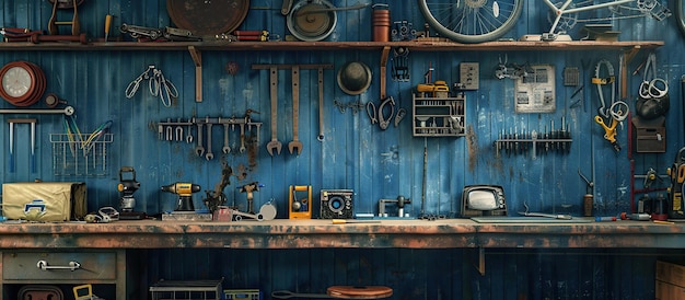 Bicycle tools background Tools hanging on the wall in front the workshop