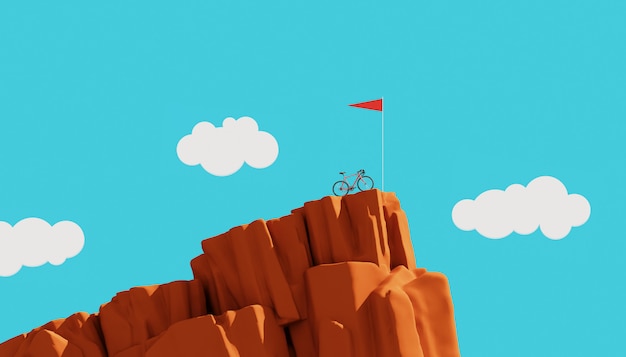 Bicycle on top of a mountain with flag, winner concept