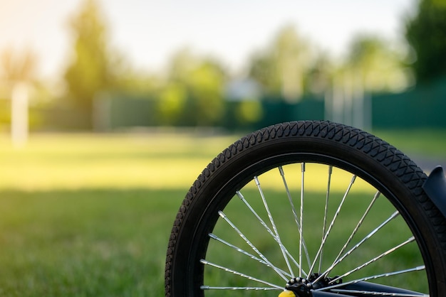 bicycle wheel on the background of the stadium, space for text, sports lifestyle