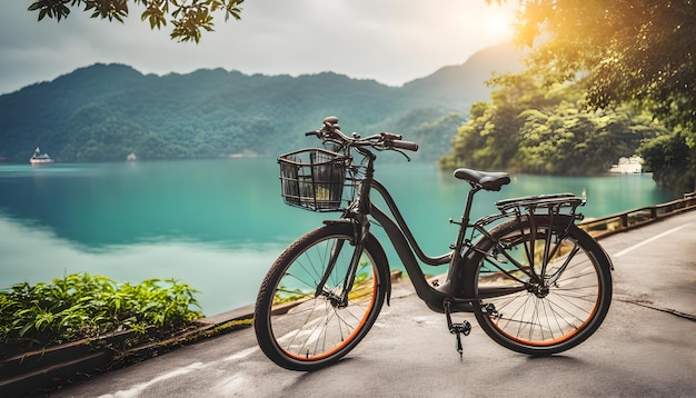 a bicycle with a basket on the front is parked by a lake