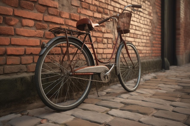 A bicycle with a basket on the front sits against a brick wall.