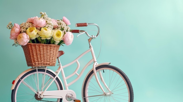 A bicycle with a basket full of flowers on it