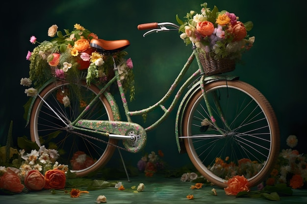 Bicycle With Beautiful Flower Basket on vintage background Generative Ai