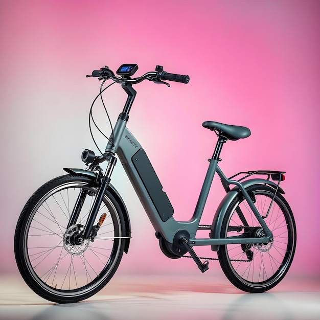 Photo a bicycle with a black seat is parked against a pink background