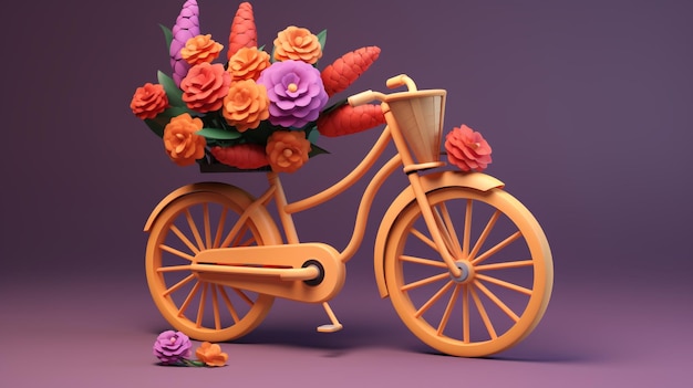 A bicycle with flowers on it and a purple background.