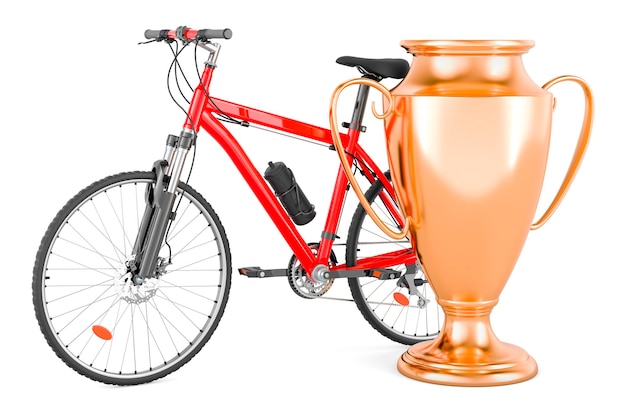 Bicycle with gold trophy cup award 3D rendering