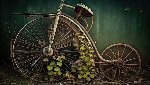 A bicycle with a green background and a rusted bicycle wheel.