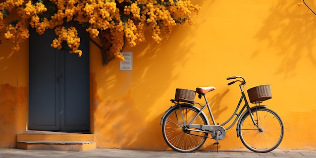 Bicycle with mimosa flowers in front of yellow wall 3d rendering