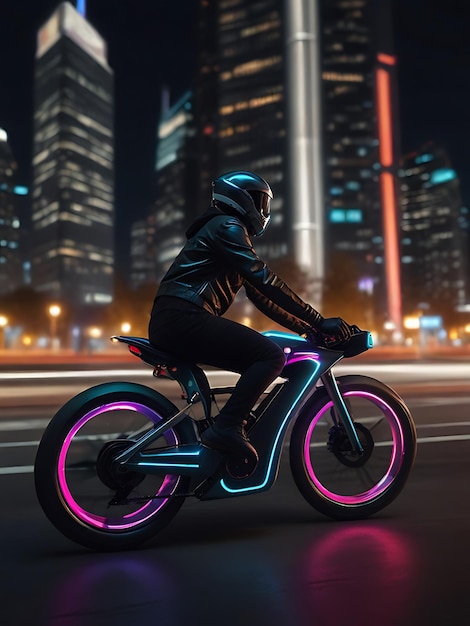 a bicycle with neon lights on it is lit up