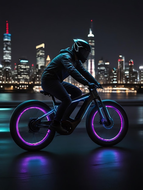 a bicycle with neon lights on it is lit up