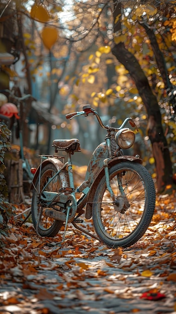 a bicycle with a rusty seat is sitting in the leaves