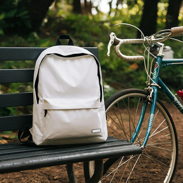 a bicycle with a white backpack sits on a bench