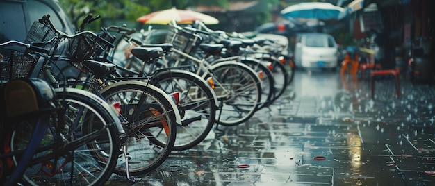 Bicycles are lined up along a busy street in the rain with vibrant umbrellas adding pops of color to the scene