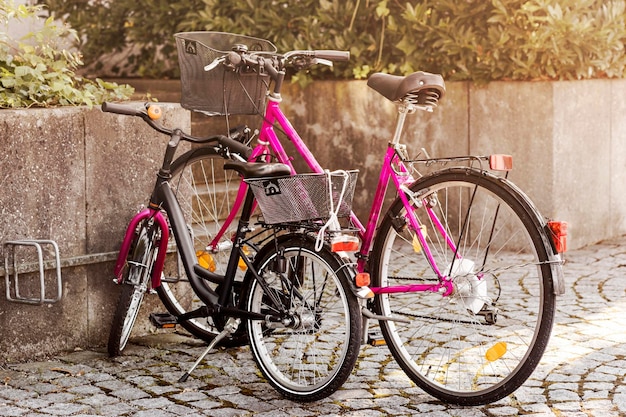 Bicycles Lifestyle. Elegant Lilac Stylish Bikes with Basket. Girl's Bike Looks like Mom's Bike