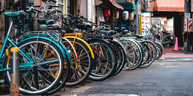 Bicycles parked along a city street