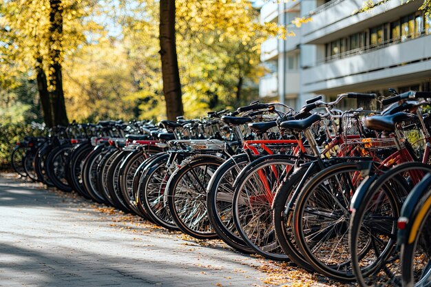 Photo bicycles parked neatly in urban landscape surrounded by fall foliage on a sunny day