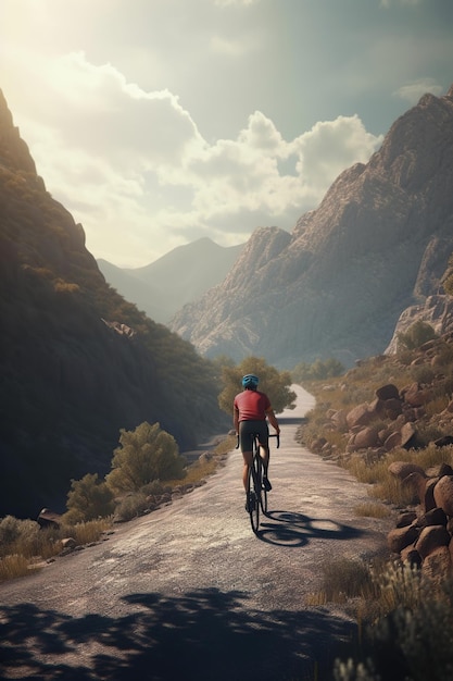 Bicyclist solo travel in a beautiful mountain road sunset