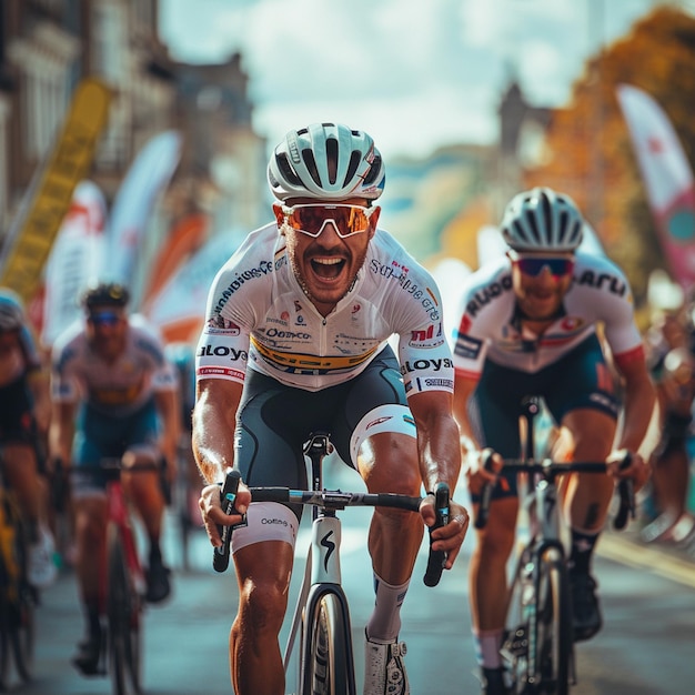 a bicyclist wearing a white and black jersey is riding down a street