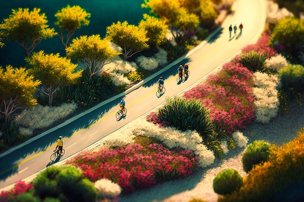 Bicyclists coast down sundappled lanes while the scent of freshcut grass and blooming flowers fills their lungs