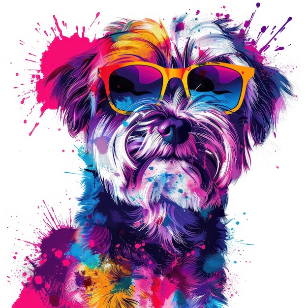 Biewer Terrier dog wearing sunglasses in colorful pop art style