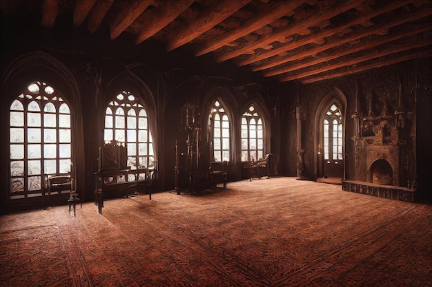 Big ancient hall with windows as castle interior