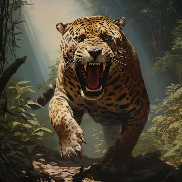 Big angry cheetah open the mouth and looking the man Generative AI