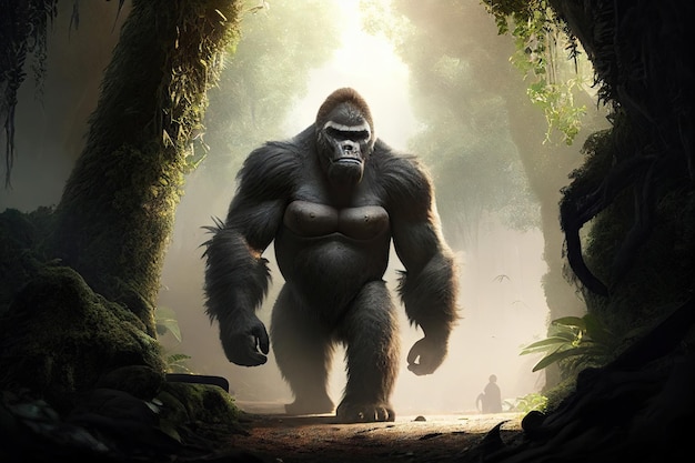 Big ape gorilla king kong walks in the jungle Generative AI