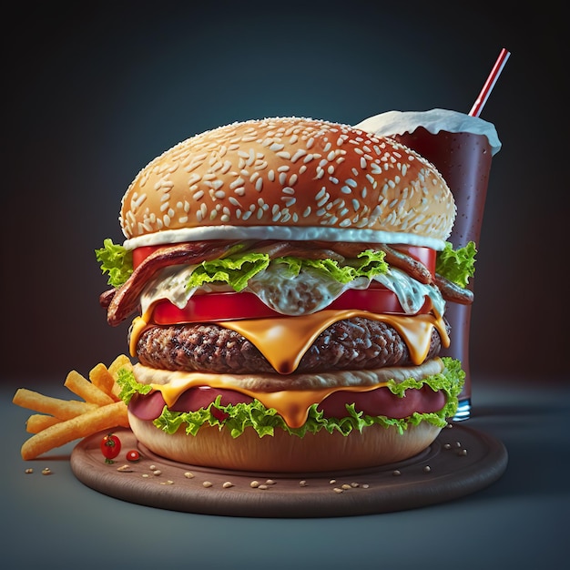 Big appetizing succulent hamburger with french fries Fast food concept